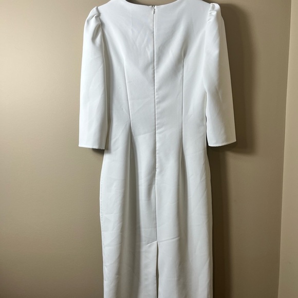 Elegant White Sheath Modest Wedding Midi Dress with Puff Pearl Sleeves Size XS - Picture 9 of 10